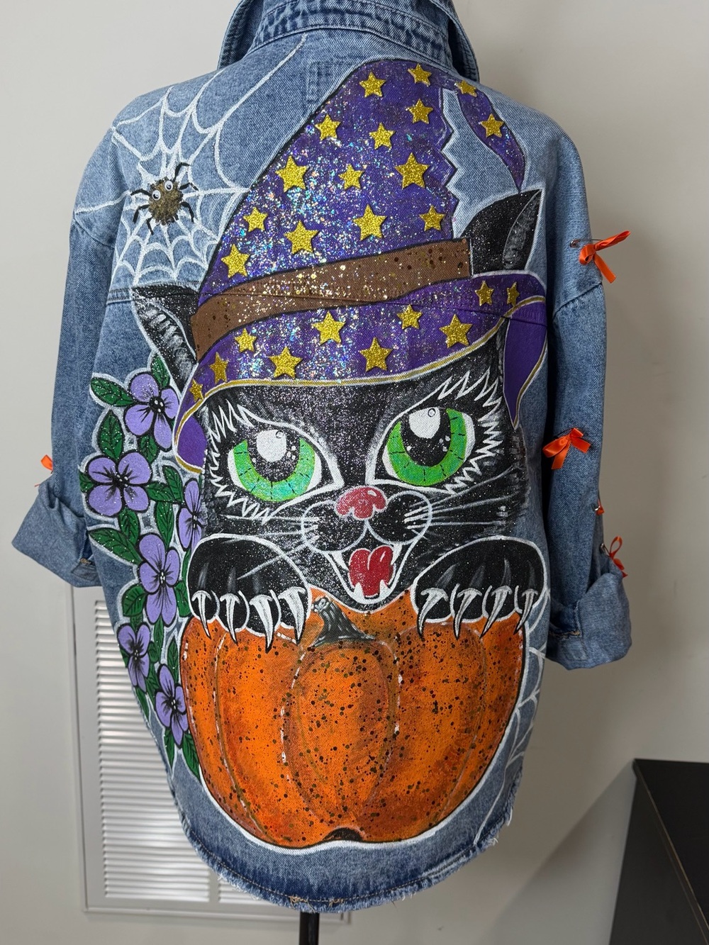 Hand Painted Halloween Denim Jacket Cat Witch Pumpkin Wearable Art Size L